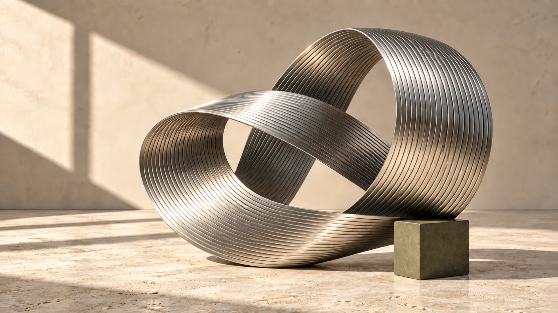 An intricately folded silver ribbon resolved into one continuous sculptural form on warm stone.